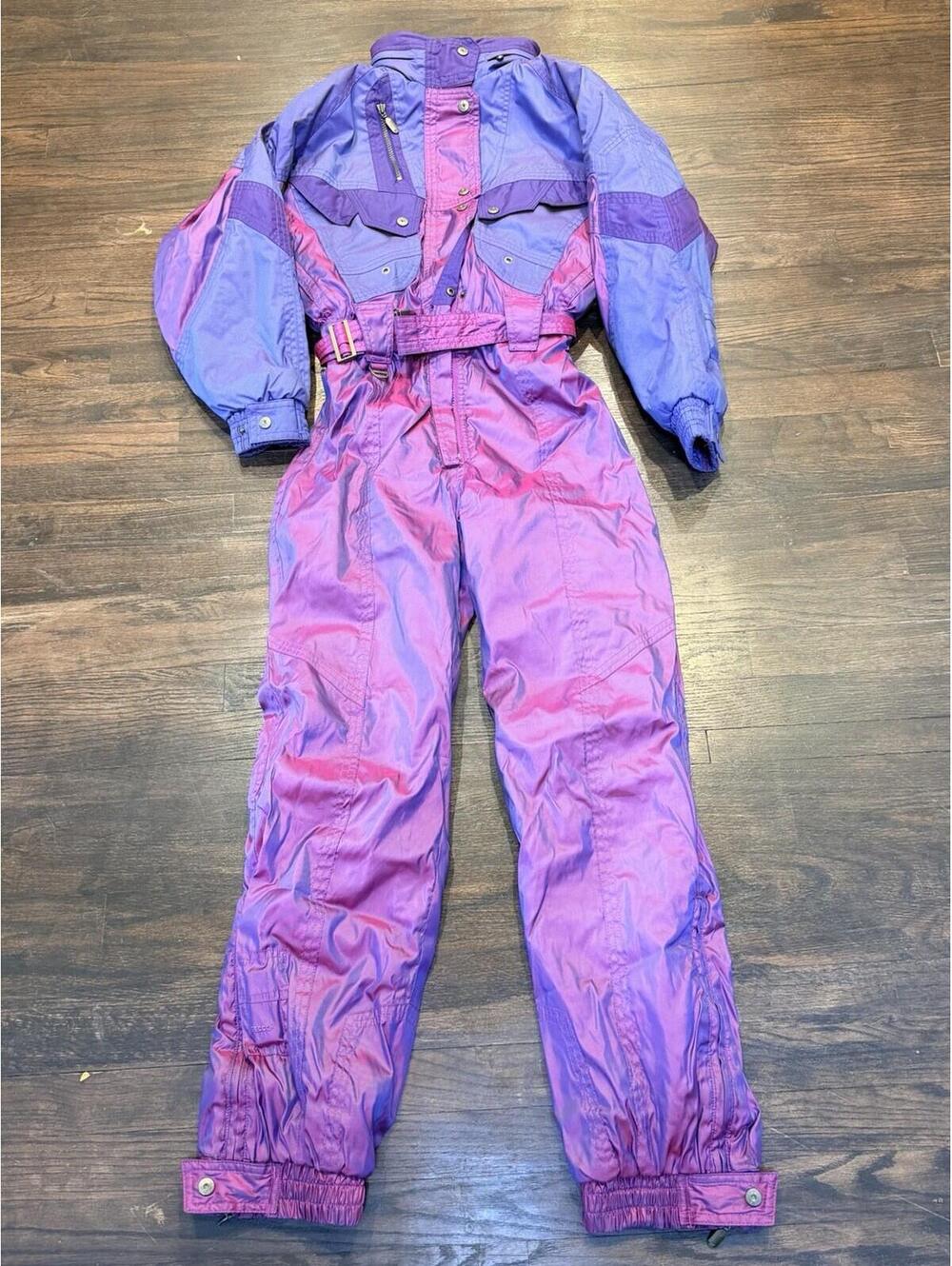 Vintage Ski Snowsuit Nevica One Piece Iridescent Snow Bib 80s Sz USA 8 UK 34L